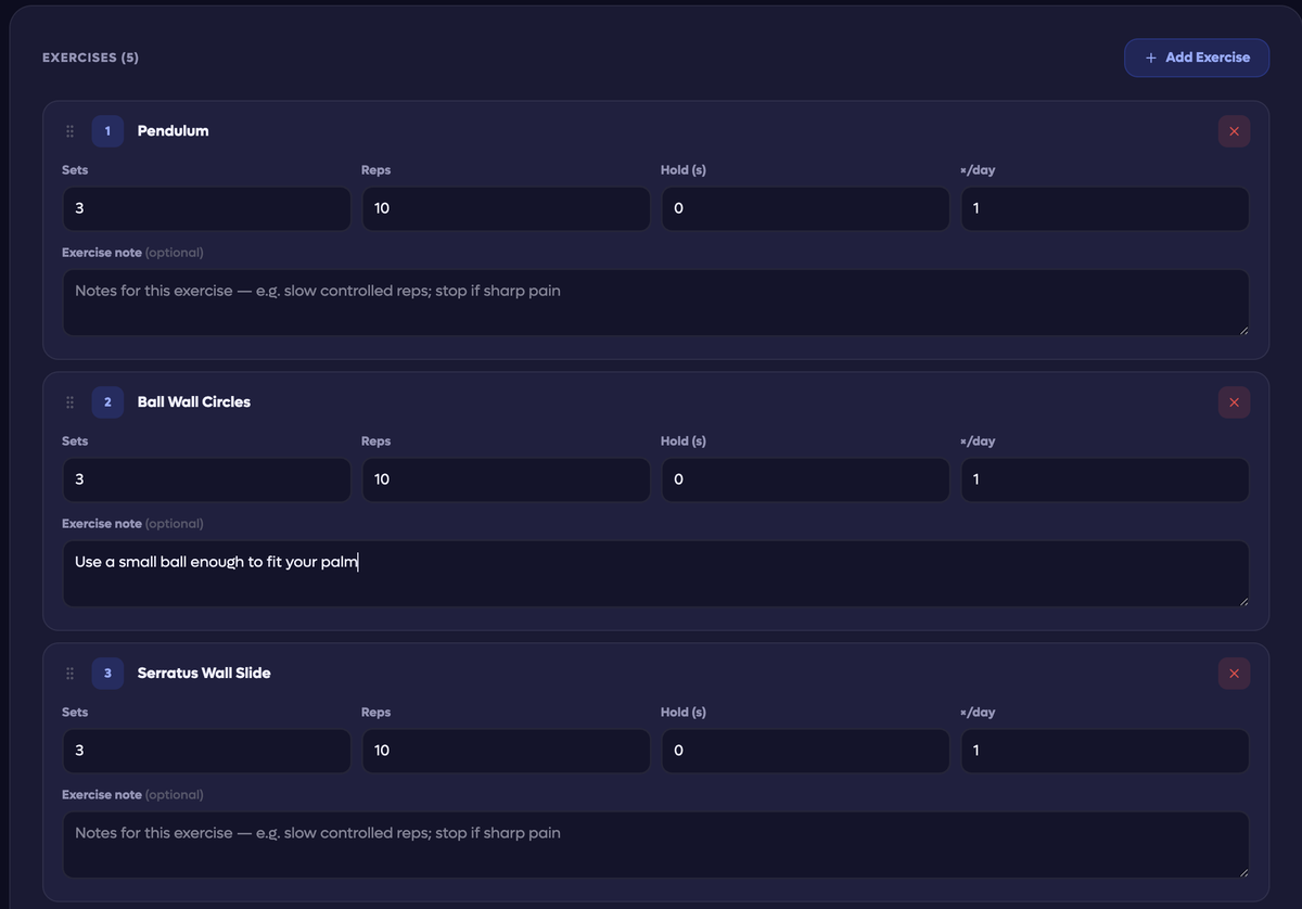 Building an exercise prescription in the Moovv physio portal